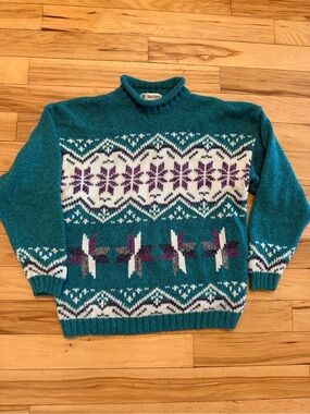 Gina Peters Vintage 90s Teal Fair Isle Mock Neck Sweater Size M